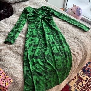 Zara Green Leaf Print Long Sleeve Dress